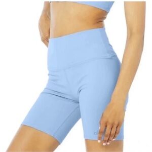Rare Alo Yoga Airbrush High Waisted BLUE SKIES biker shorts 7” Sz M